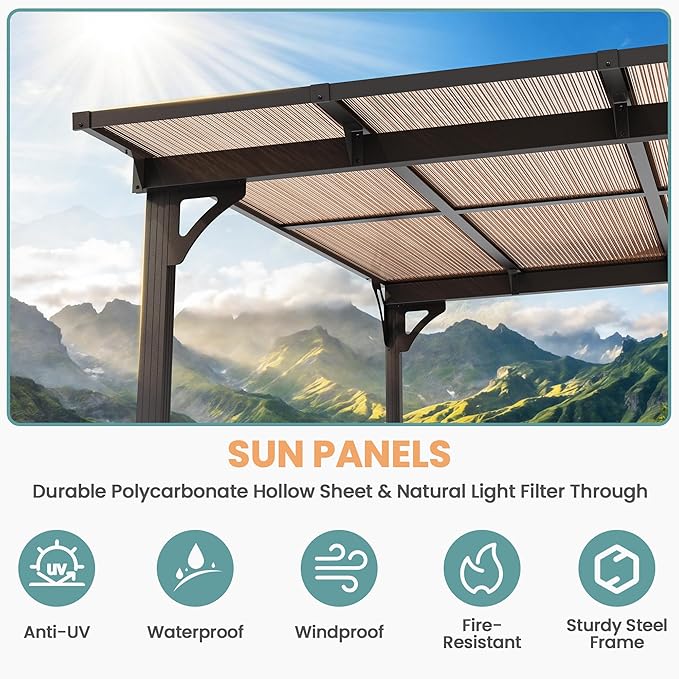 Pamapic 10 * 24FT Wall Mounted Gazebo,Hardtop Lean to Pergola,Outdoor Gazebo,Aluminum Frame Pergola,UV Resistant Polycarbonate Roof,Outdoor Patio Awnings for Deck,Backyard