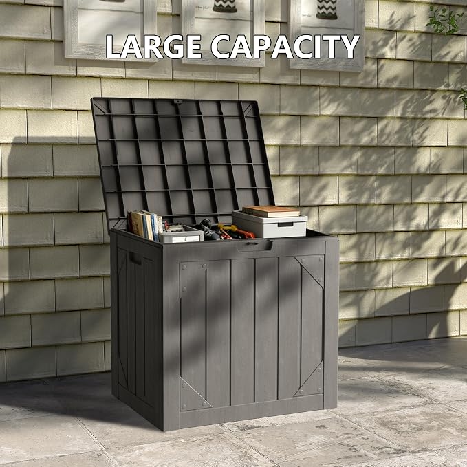 35 Gallon Small Waterproof Outdoor Storage Box, Resin Deck Box Lockable for Patio Furniture, Garden Tools, Pool Accessories, UV-Resistant for All Weather Use, Grey