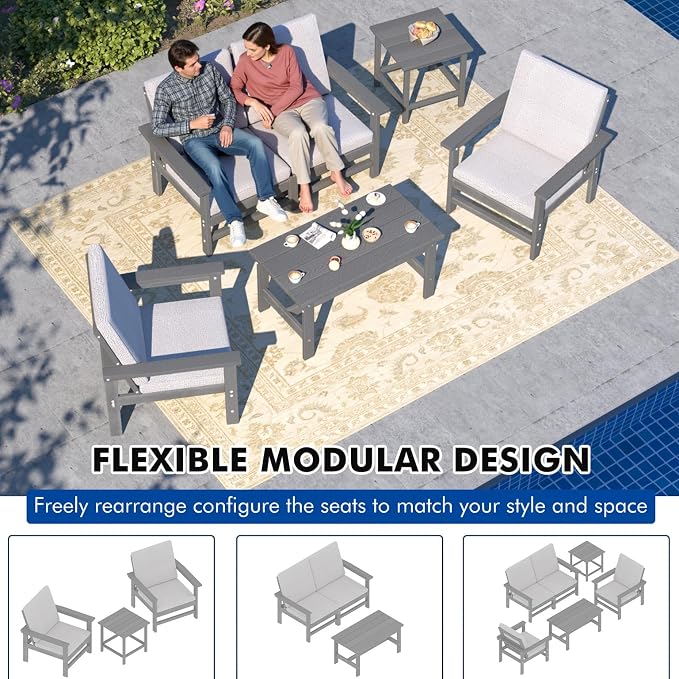 6-Piece HDPE Patio Furniture Set, All-Weather Outdoor Sectional Sofa Set w/Coffee Table+Side Table - Wood-Like Composite Conversation Couch for Deck, Lawn, Balcony - Grey Frame with Cushion