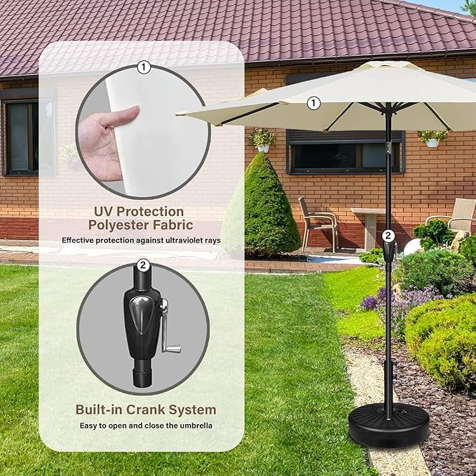 YSSOA 9' Patio Umbrella with 50lbs 20" Capacity Fillable Heavy Duty Round Base, 8 Sturdy Ribs, for Outdoor Lawn, Deck, Poolside, Cream and Black