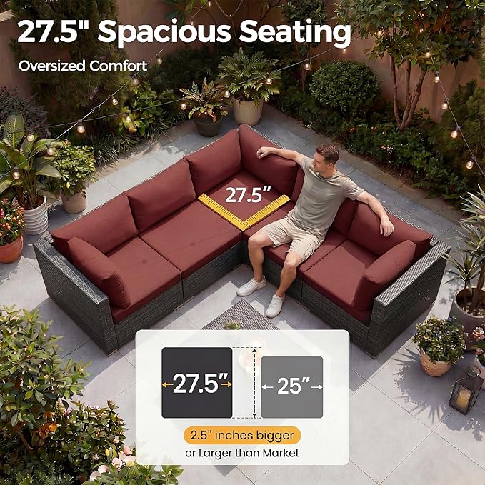 NICESOUL Backyard Furniture Set with Firepits Natural Gas/Propane, 12 Seater XL Oversized Wicker Sectional Couches, 29.3'' High Back Comfy Deep Wide Outdoor Patio Sofa Set, 2 Color Cushion Red & Gray