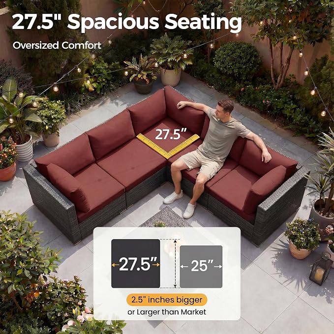 NICESOUL 9 Piece Plus Size Outdoor Patio Conversation Set with Firepit Natural Gas/Propane, 29.3'' High Back Modular Sectional Sofa Sets, Heavy Duty Backyard Furniture, 2 Color Cushion Red & Grey
