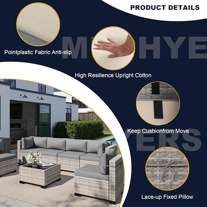 7-Piece Outdoor Patio Furniture Set, PE Wicker Rattan Sectional Sofa Conversation Set with Tempered Glass Table & Thick Cushions - All-Weather Garden, Backyard Furniture, Grey