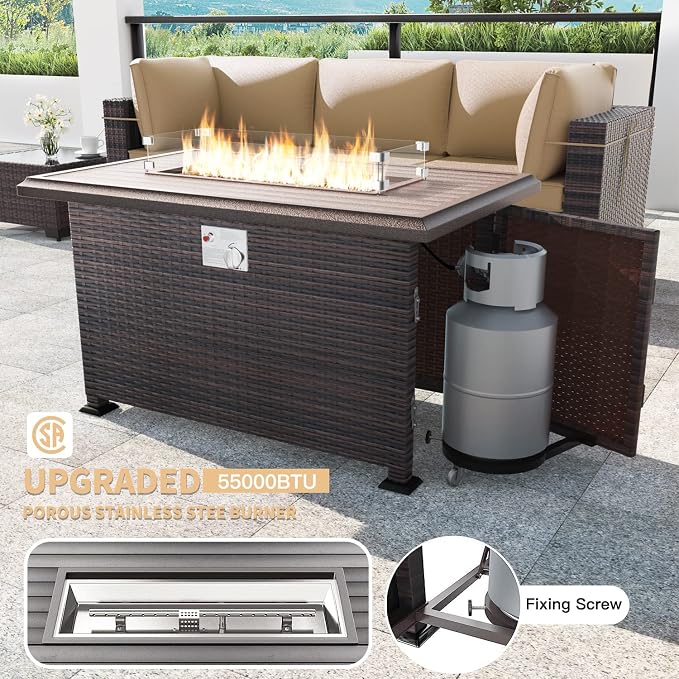 Kullavik 8 Pieces Outdoor Patio Furniture Set with 43" 55000BTU Gas Propane Fire Pit Table PE Wicker Rattan Sectional Sofa Patio Conversation Sets,Khaki