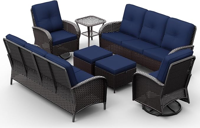 Joyside Wicker Patio Furniture Set, 7 Piece Outdoor Furniture Set with Thickened Cushions, High Back, Deep Seating, Wide Armrest, Outdoor Swivel Rocker Chairs for Porch, Deck