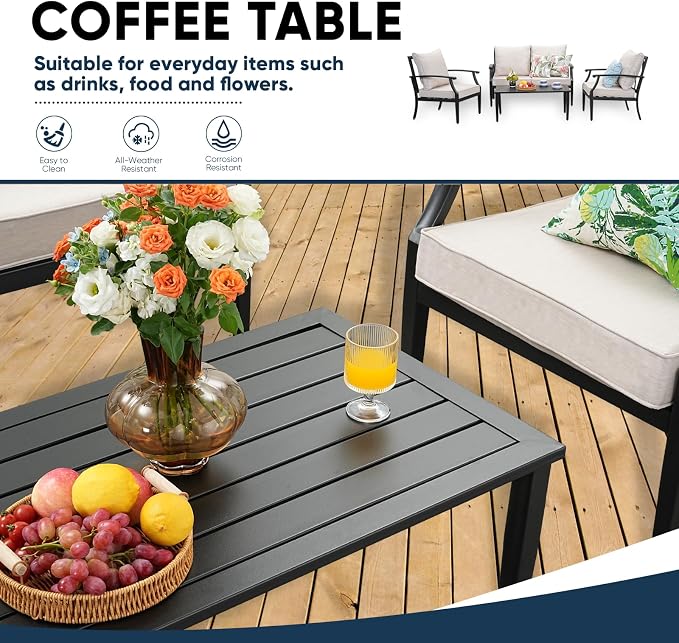 4 Piece Outdoor Patio Furniture Set, Oversized Metal Conversation Set with High Back & Deep Seating, Water-Repellent Cushions, Coffee Table for Porch, Deck, Backyard, Beige