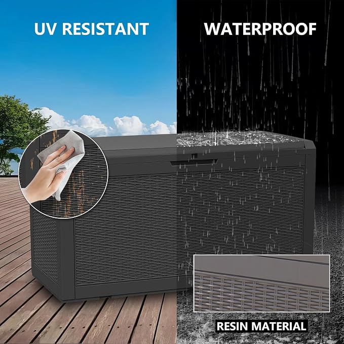 DIKEP 100 Gallon Polypropylene(PP) Deck Box with Cushion, Lockable Outdoor Storage Box for Patio Furniture, Garden Tools, Pool Supplies| Built-in Handles Waterproof Storage Container, Black