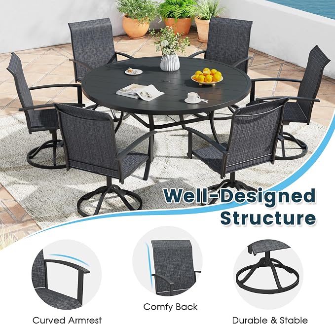 3 Pieces Outdoor Patio Dining Bar Set, 27.6" All Weather Square Metal Slatted Table with Storage Shelf and 2 High Back Textilene Swivel Chairs for Garden, Lawn, Black