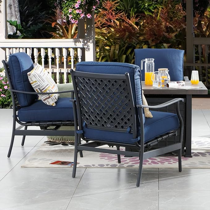 Patio Conversation Set Outdoor Furniture CSA Certification 50,000 BTU 33.9 Inch Propane Fire Pit Table Sets with Rocking Chairs Thick Cushions(5 Pcs,Blue)