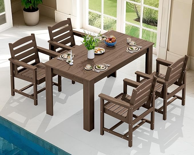 SERWALL Patio Dining Sets for 8, Outdoor Dining Sets for 8 Person with 2 Umbrella Hole Cut-Out Rectangular Tables and 8 Chairs, HDPE Dining Sets for Garden, Backyard, Poolside, Coffee