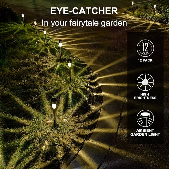 Dream Master Solar Lights Outdoor Waterproof, Stainless Steel LED Landscape Lighting, Solar Garden Lights, Outdoor Decorations for Yard, Pathway, Walkway, Patio, Lawn - 12 Pack(Warm White)
