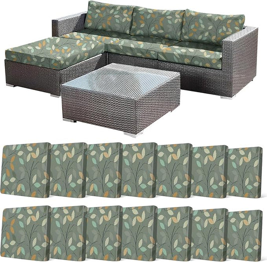 CALBODE 14Pcs Stretch Patio Cushion Cover for Autumn, Couch & Sofa Slipcovers for Patio Furniture Cushions Washable Reusable Couch Covers Replacement Fall Home Decor (Green Leaf Printed, Cover Only)