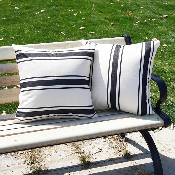 Outdoor Pillow Cover 20×20 Inch Set of 2 Waterprooof Black and Beige Striped Square Throw Pillowcases Outside Bench Decorations for Patio Furniture Porch Sofa Car