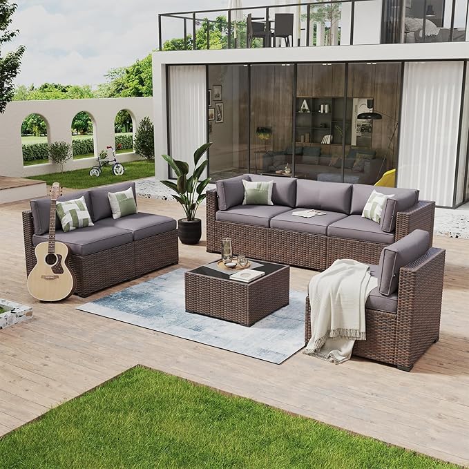 Aoxun 7 Piece Patio Furniture Set Wicker Rattan Patio Conversation Set Outdoor Sectional Sofa Set with Coffee Table and Thickened Cushions, Grey