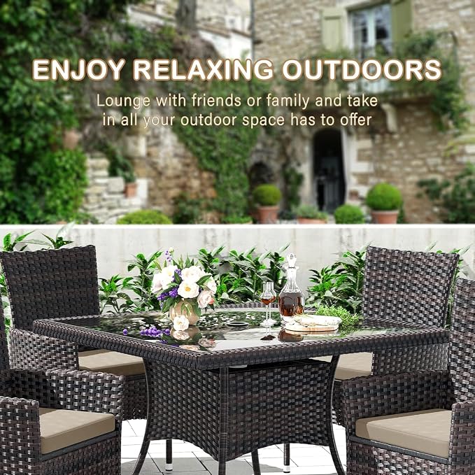 10 Pieces Outdoor Patio Dining Set,Patio Table and Chairs Rattan Outdoor Patio Furniture Set with Umbrella Hole,Dining Table Set for 8 with Chairs for Backyard,Garden and Kitchen,Brown