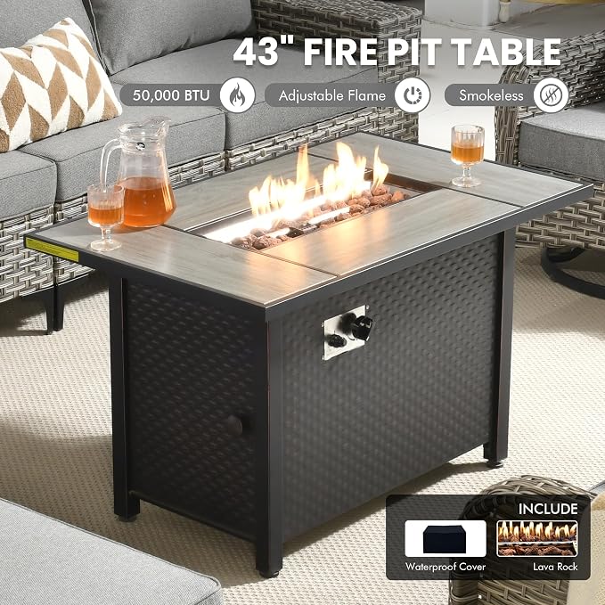 9 Pcs Patio Outdoor Furniture Set - All Weather Wicker Outdoor Sectional Sofa Couch with Swivel Fire Pit Table and Rocking Chairs e,Patio Rattan Conversation Set for Garden Deck Yard,Dark Grey