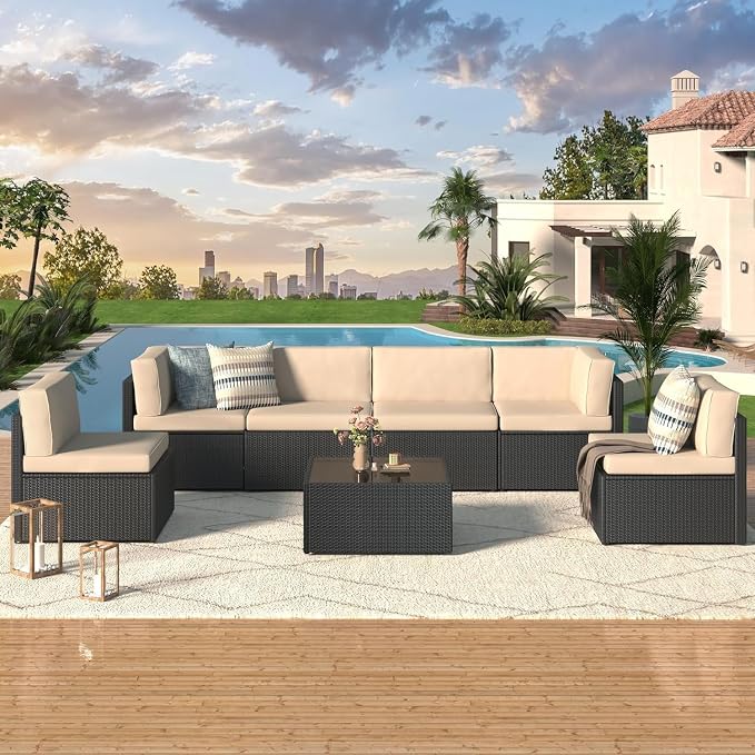 7-Piece PE Rattan Patio Furniture Set with Outdoor Wicker Sectional Sofa and Chairs with Tea Table for Backyard, Garden, Porch, or Deck Conversation Lounge(Beige2)