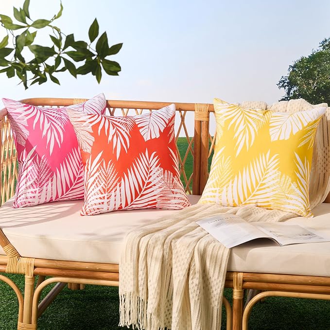 Allorry Outdoor Pillow Covers 18x18 Set of 2 Tropics Palm Leaves Rose Red Floral Pattern Decoration Throw Pillow Covers for Outdoor Waterproof Furniture Garden Patio Sofa Bedroom Home Decor JB008-D18