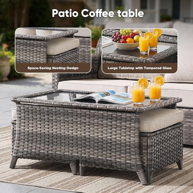 Belord Patio Wicker Swivel Rocker Patio Chairs with Coffee Table and 3-Seater Sofa, Outdoor Furniture Set for Deck Porch Garden, 6 Piece Luxury Patio Furniture Set, Beige