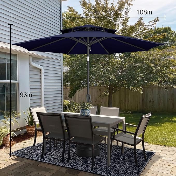9FT Outdoor Patio Umbrella - 2 Tiers Table Umbrella Waterproof UV Protection, Sombrillas de Patio with Push Button Tilt, Sun Umbrella for Pool, Porch, Garden, Backyard (Navy Blue)