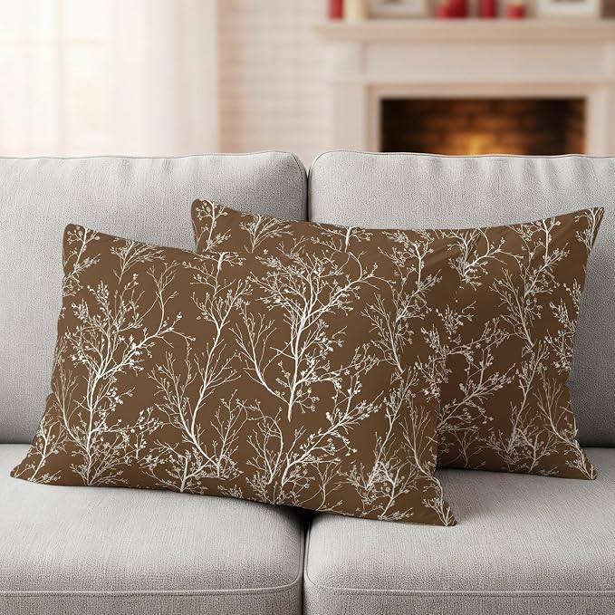 Brown Branches Waterproof Outdoor Pillow Covers Set of 2 Home Decor, Abstract Art Leaves Plant Lumbar Pillowcase Patio Pillow Covers for Couch Bench Patio Furniture Garden 20x12in