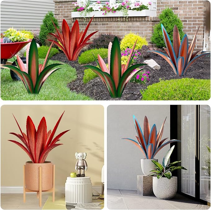 TOMBABY Enlarge Thickened Wind Resistant Metal Agave Garden Art Metal Plant Country Garden Sculpture Statue Outdoor Decoration Agave Metal Plant Courtyard Lawn Ornament Gift (2, 12 Leaves red)