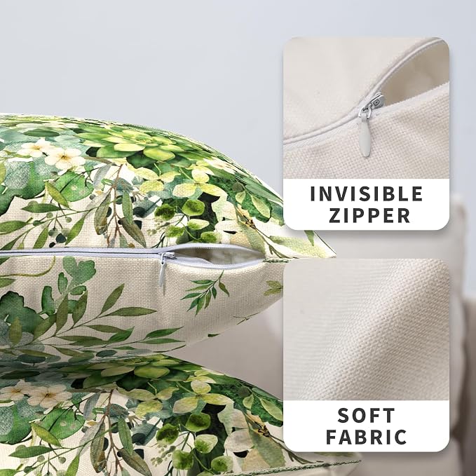 Eucalyptus Throw Pillow Covers 20x20 Watercolor Leaf Pillow Cases Greenery Sage Leaf White Floral Pillow Covers Spring Hummingbird Green Cushion Case for Bedroom Living Room 2Pcs