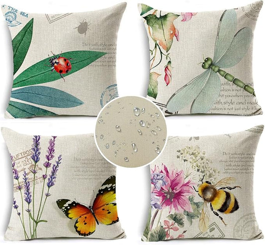 Outdoor Pillows Waterproof Garden Decoration Bee Butterfly Dragonfly Ladybug Pillow Case Leaf Lavender Flower Decorative Throw Pillow Covers 18 x 18 Inches Set of 4 outdoor pillow covers 18x18
