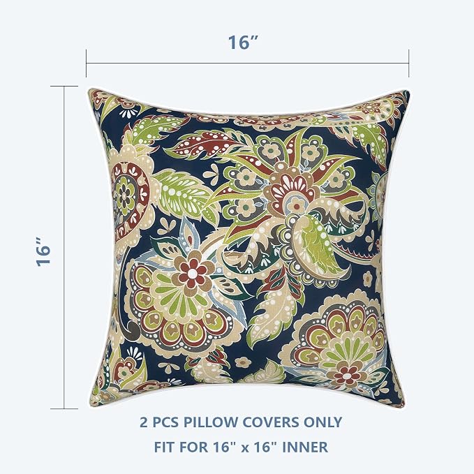 LVTXIII Outdoor Pillow Covers Set of 2, Patio Waterproof Throw Pillow Cases Fade Resistant Accent Pillow Covers for Spring Summer Garden Decoration, 16x16, Paisley Sapphire Blue