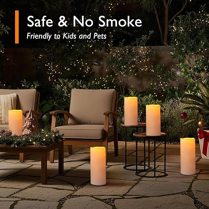 Homemory 12" x 5" Large Waterproof Outdoor Flameless Candles with Remote Control and Timer, Battery Operated Flickering LED Pillar Candles for Outdoor Larterns, Porch, Long Lasting, Set of 4