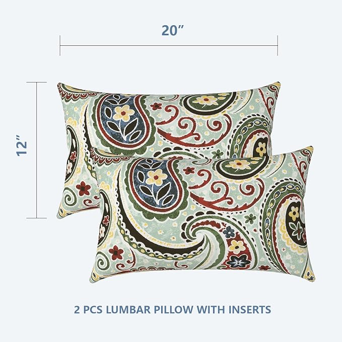 LVTLVTXIII 12×20 Inch Outdoor Lumbar Pillows, Pack of 2 Water Repellent Lumbar Pillow with Inserts, Fluffy Decorative Garden Lumbar Cushions for Home Patio Coach Sofa Use, Paisley Lightcyan