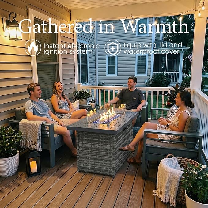 LayinSun Aluminum Furniture Set with Fire Pit Table, 4 Pieces Patio Sectional Conversation Chat Sofa Modern Seating Set