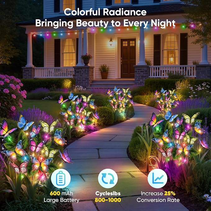 Solar Lights Outdoor Garden Decor: 4 Pack 68 Silk Butterflies with 88 Color-Changing LEDs - Auto On/Off 12H Magical Lighting IP65 Waterproof for Yard Patio Pathway - Unique Gifts for Mom Grandma