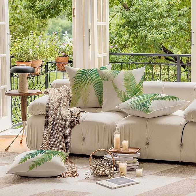 Green Outdoor Pillow Covers Leaf Plant Throw Pillow Case Outdoor Waterproof Tropical Garden Cushions 18x18 Inch Set of 4 Patio Furniture Pillows Decorative for Home Sofa Couch