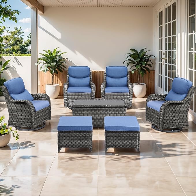Outdoor Swivel Rocker Patio Chairs Set of 4 with Ottoman Coffee Table - 5" Thick Cushion 7 Piece Furniture Set All Weather Comfortable Wicker Conversation Set for Porch Deck - Gray/Blue