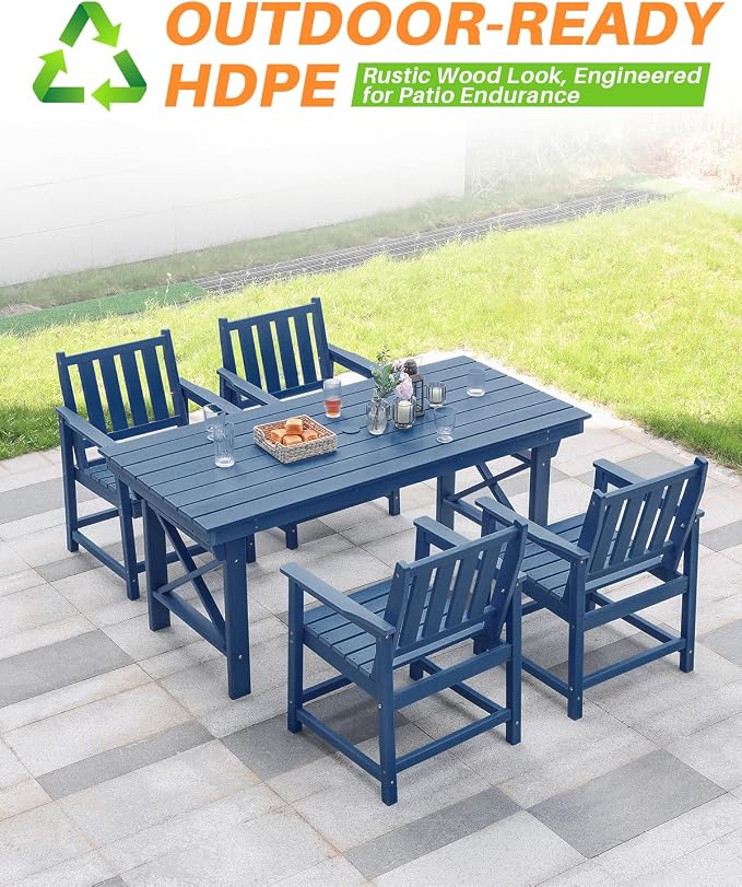5 Pieces HDPE Patio Dining Set, Outdoor Table and Chairs with Umbrella Hole, Modern Outdoor Dining Set for 4, HDPE Outdoor Patio Furniture Dining Sets for Deck, Poolside, Porch, Navy