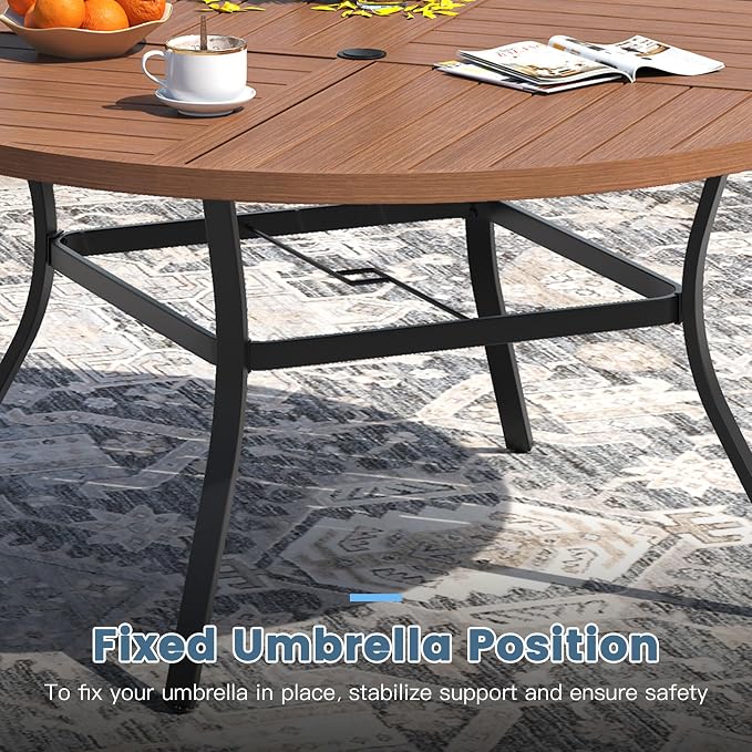 DIFY 7 Piece Outdoor Patio Dining Set for 6, 50" Round Dining Table with Umbrella Hole and Stackable Metal Chairs, Patio Table and Chairs Set for Backyard Garden Poolside, Walnut & Black