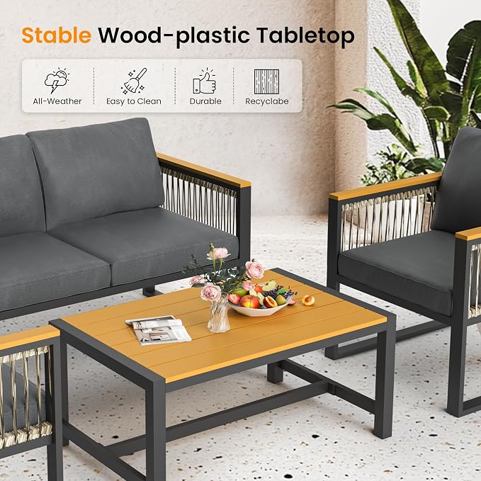 Pamapic 6 Pieces Outdoor Patio Furniture Set with Wicker Handrails, Plastic-Wood Balcony Furniture with Wicker Arm Panel, All-Weather Metal Patio Conversation Sets with Cushion and Coffee Table