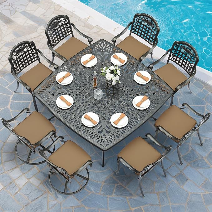 MEETWARM 9-Piece Outdoor Patio Dining Set for 8, All Weather Cast Aluminum Patio Funiture Table and Chairs Set- Large 64" Square Table and 2 Swivel Rocker Chairs, 6 Stationary for Garden, Khaki
