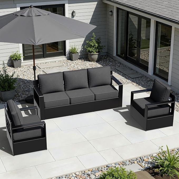 Outdoor Aluminum Furniture Set, 3-Piece Patio Conversation Set, 2 Chairs and 1 Sofa, All-Weather Metal Frame, 6" Thick Removable Cushions, Deep Setting for Garden, Poolside and Porch