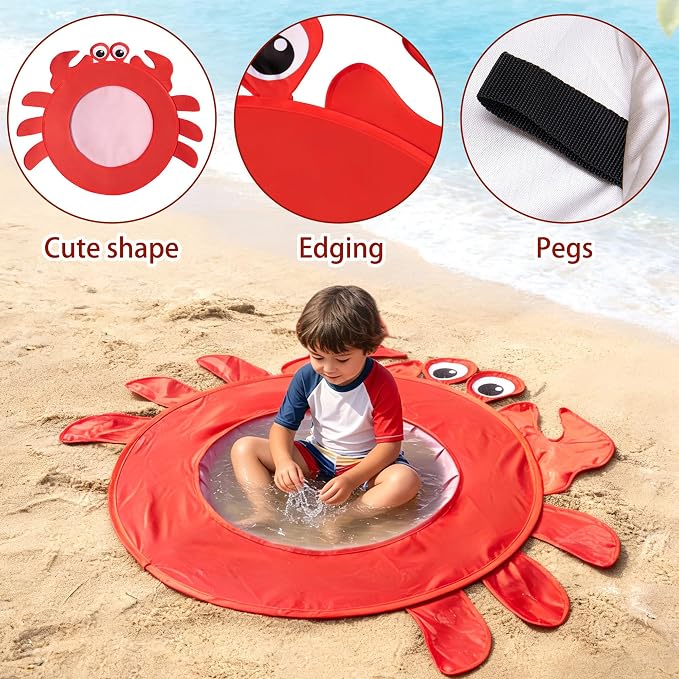 RunNico Pop Up Beach Pool, Portable Toddler Beach Pit with Water Bag and Storage Bag, Cute Shape Beach Pool Puddle for Outdoor Summer Beach Camping Traveling Vacation (Crab)
