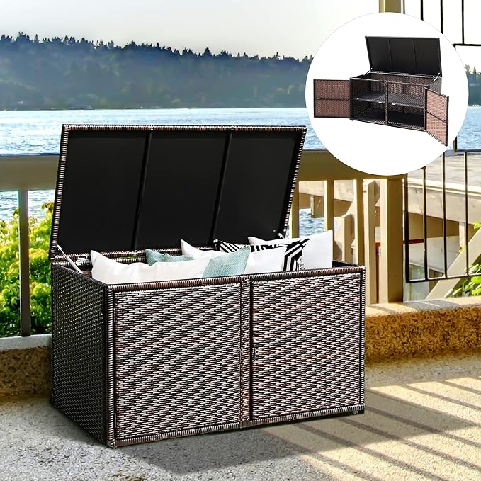 DORTALA 88 Gallon Deck Box Organizer, Wicker Large Indoor Outdoor Storage Container Cabinet for Patio Furniture Cushions Garden Tools, Brown