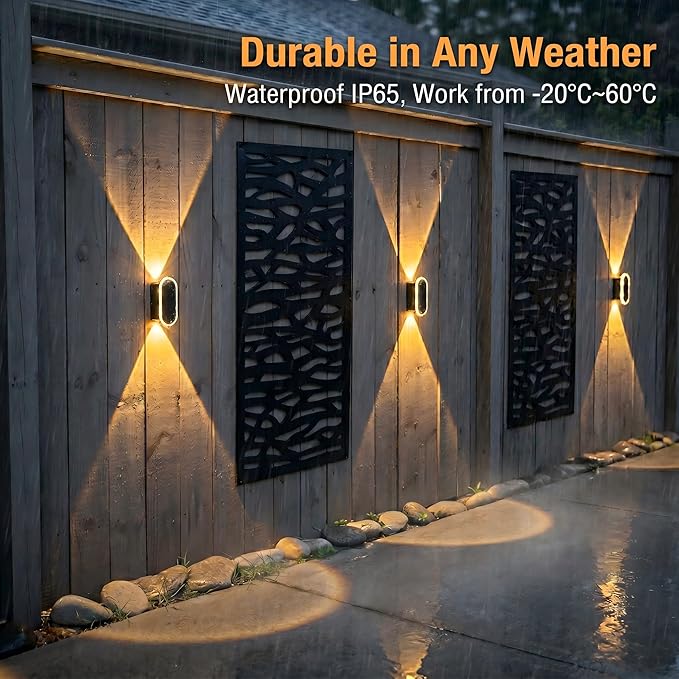 Ellasay Fence Lights Solar Powered: 4 Pack Solar Wall Lights Outdoor Up and Down IP67 Waterproof - 3 Colors Modes Brighter LED Lens Solar Lights Dusk to Dawn 12h for Backyard/Porch/Railing/Balcony