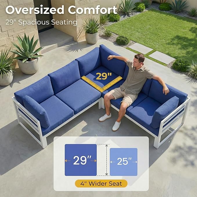 RADIATA 9 Pcs Oversized Contemporary Aluminum Patio Furniture Set, All Weather Modular Sectional Sofa with Tanning Chair & Fireplace, 500 lbs Heavy Duty Comfy Outdoor Couch for Beach Deck, Navy Blue