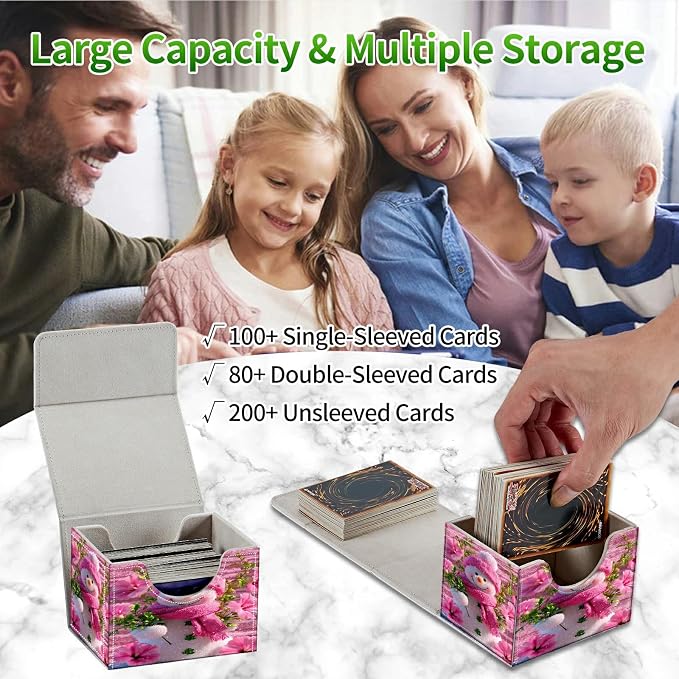 Card Deck Box for MTG, Cards Storage Box Fits 120+ Sleeved, Leather Small Size Strong Magnetic Closing Card Case for Board Games Magic TCG CCG Baseball Collection, Pink Flower Snowman
