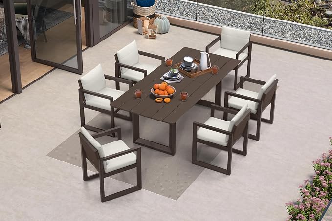 PURPLE LEAF Outdoor Dining Set for 6 Aluminum Luxury Patio Furniture Table and Chairs Set with Removable Thick Cushion Rectangular Patio Dining Sets for Small Backyard Garden Porch Deck, Bronze