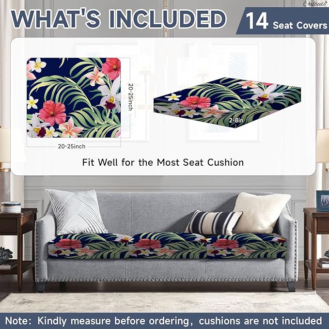 CALBODE 14 Pcs Stretch Outdoor Seat Cushion Covers, Washable Chair Seat Cover for Patio Furniture Cushions Soft Indoor and Outdoor Couch Cover Replacement (Tropical Floral,Black, Cover Only)