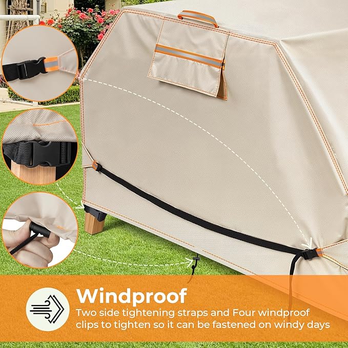 Patio Picnic Table Cover Waterproof, 70 / 72 Inch Patio Picnic Table Bench Cover, Heavy Duty 420D Oxford Fabric Anti UV Windproof with Adjustable Straps Air Vent, Fits 6 FT Picnic Tables, Khaki