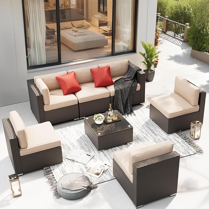 SUNCROWN 7-Piece Outdoor Patio Furniture Sofa Set All-Weather Wicker Sectional Conversation Set with Modern Glass Coffee Table, Cushions and Waterproof Cover, Backyard, Garden, Light Brown