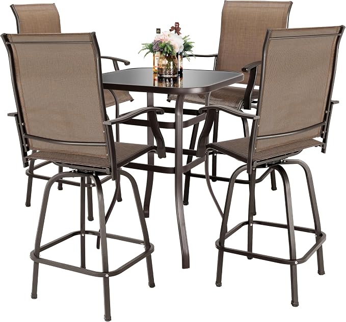 NUU GARDEN 5 Piece Patio Bar Set with Glass Table and 4 Swivel Chairs,Black&Brown
